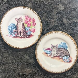 Vintage Decorative Cat Plates with Gold Trim